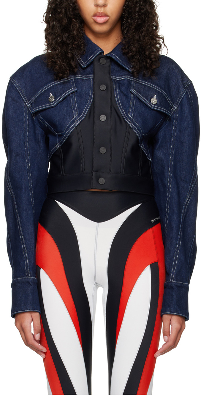 Mugler Cropped Blue Bi Material Corset Jacket Size 36 EU / US 4 NWT